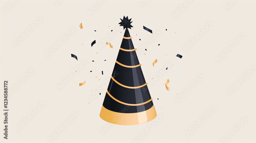 Flat Vector Illustration of a Birthday Party Hat in Black and Gold with Bow and Stripes for Birthday Celebrations