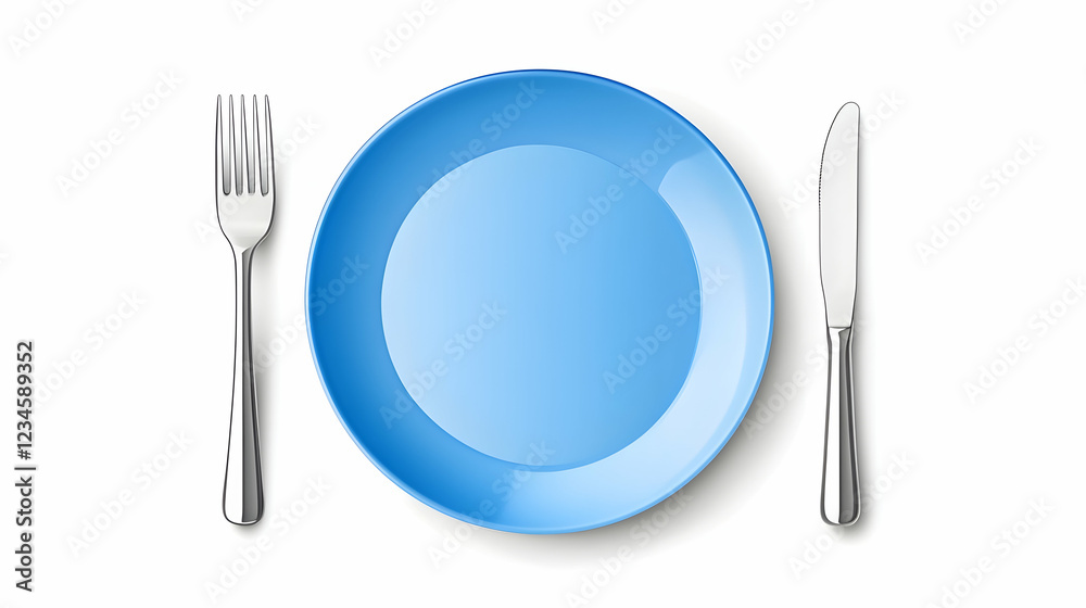 Blue plate, fork, knife, place setting, empty, white background, food preparation, restaurant menu Blue plate, fork, knife, place setting, empty, white background, food preparation, restaurant menu