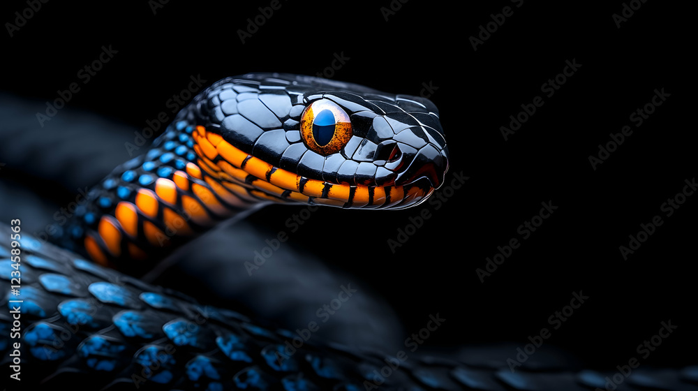 Blue-ringed black snake portrait, dark background, wildlife photography, nature stock image Blue-ringed black snake portrait, dark background, wildlife photography, nature stock image