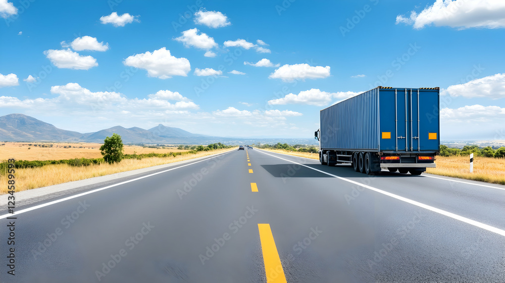 Blue truck highway transport sunny day rural landscape logistics Blue truck highway transport sunny day rural landscape logistics