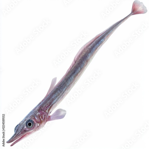 Long slender fish with iridescent skin and pointed snout swimming in clear water environment photo