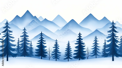 Wallpaper Mural Blue winter mountain landscape with pine trees; snowy foreground, misty peaks; ideal for holiday cards Torontodigital.ca