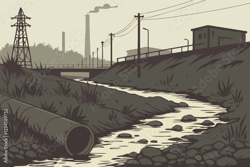 Dark polluted stream, rusty abandoned pipe, industrial wasteland, environmental disaster, murky water, debris, dystopian atmosphere, gritty realism, desaturated colors, high contrast, shallow depth