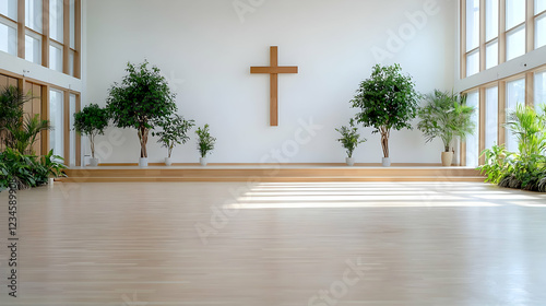 Modern church sanctuary, peaceful interior, sunlight, plants