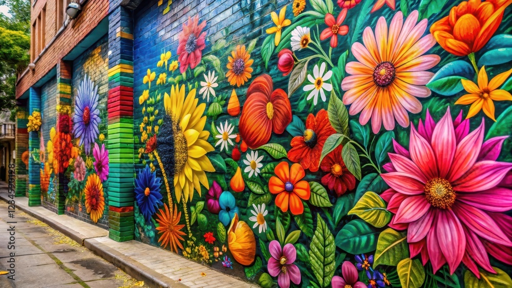 Fototapeta premium Colorful street art with vibrant flowers and leaves forming a beautiful background for a peaceful urban scene , colorful background, graffiti