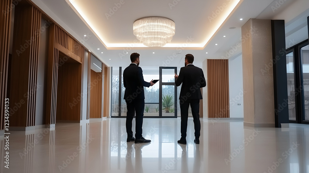 Businessmen discussing property in modern building Businessmen discussing property in modern building