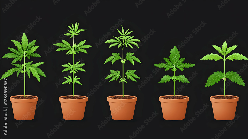 Fototapeta premium Cannabis plant growth stages in pots, dark background; educational resource