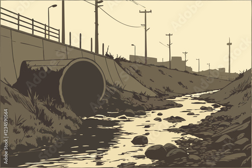  Dark polluted stream, rusty abandoned pipe, industrial wasteland, environmental disaster, murky water, debris, dystopian atmosphere, gritty realism, desaturated colors, high contrast, shallow depth