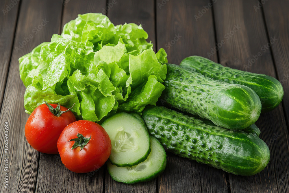 Fresh Vegetables with Lettuce, Cucumber, and Cherry Tomatoes on Rustic Wooden Background Fresh Vegetables with Lettuce, Cucumber, and Cherry Tomatoes on Rustic Wooden Background