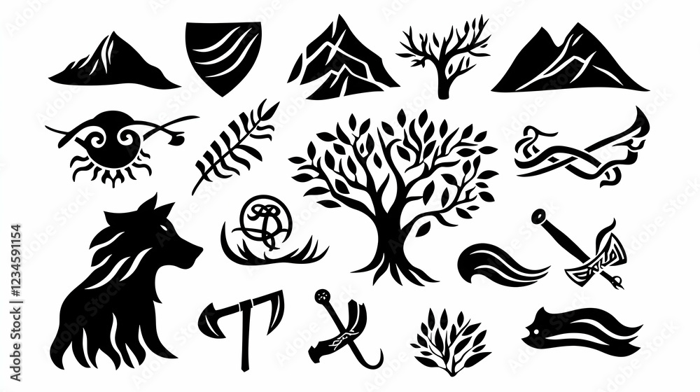 Naklejka premium Celtic knotwork, nature, and weapon icon set; design elements for fantasy art, game development, or branding