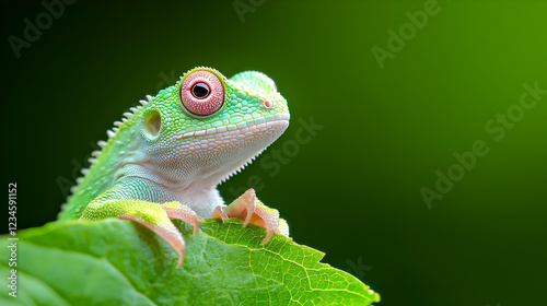 Green lizard on leaf, jungle background, nature wildlife