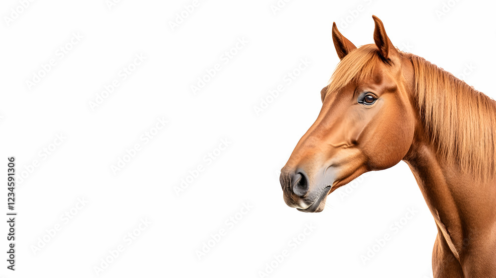 Fototapeta premium Chestnut horse portrait, isolated on white background; copy space