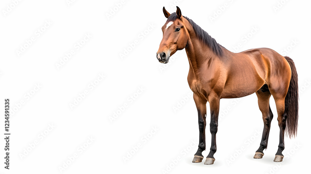 Fototapeta premium Chestnut horse standing, isolated on white background; equestrian photography for websites, brochures