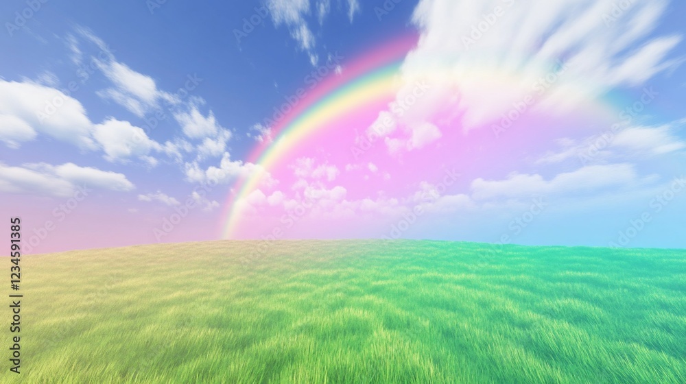 Pastel Sky with Rainbow and Meadow Landscape Peaceful Serene Scenery Pastel Sky with Rainbow and Meadow Landscape Peaceful Serene Scenery