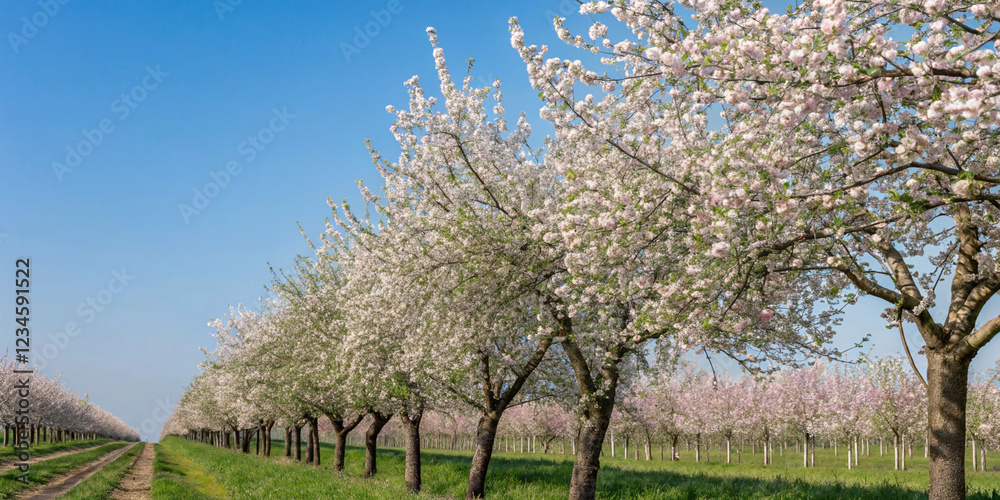 Blooming apple orchard with white blossoms under blue sky, AI Generation Blooming apple orchard with white blossoms under blue sky, AI Generation