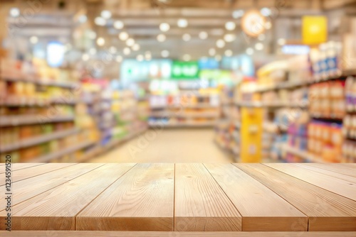 Empty Wooden Tabletop with Blurred Supermarket Aisles – Perfect for Product Display and Mockups