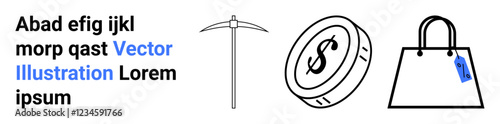 Mining pickaxe, dollar coin, and shopping bag symbolize economy, mining, wealth, spending, retail, profit and trade. Ideal for startup e-commerce investment sustainability business growth