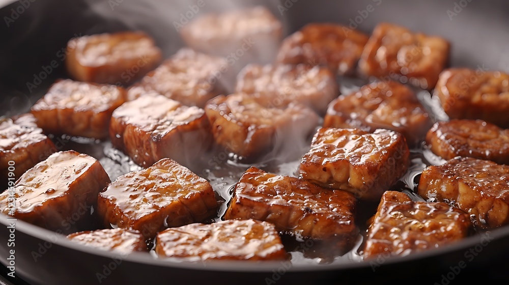 Probiotic Sustainable Protein Consumption, Sizzling Tempeh in Pan with Steam, Dramatic Close-up Shot with Copy Space