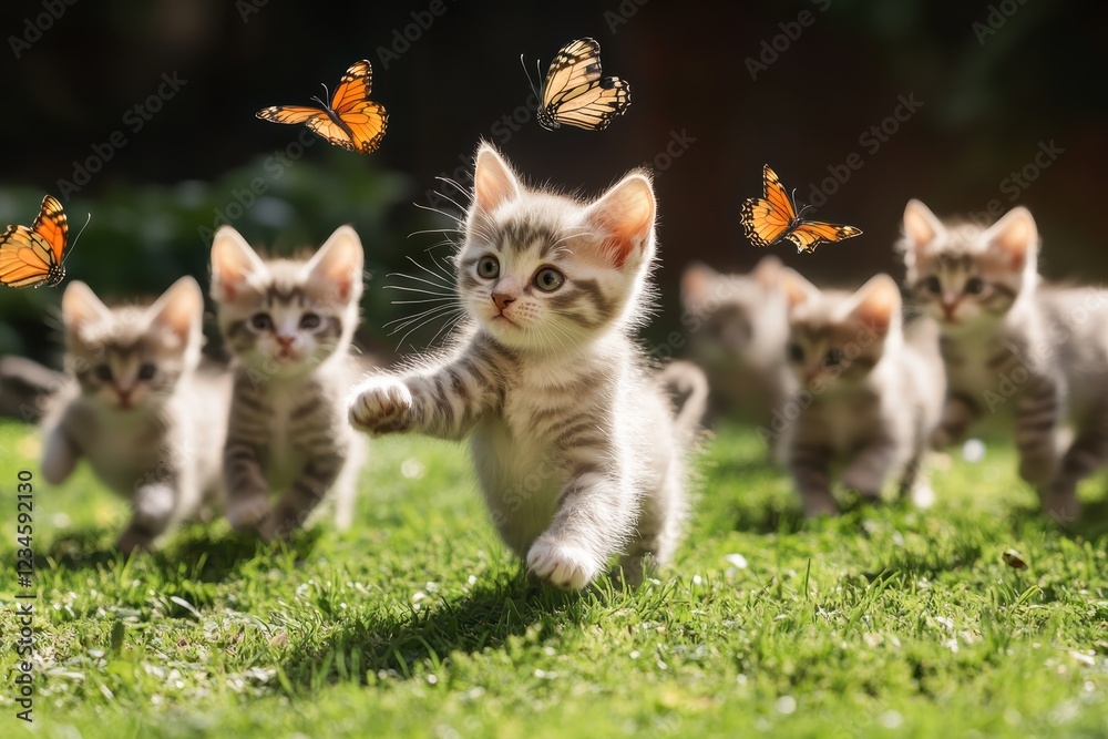 Kittens joyfully explore a lush lawn while chasing butterflies in the afternoon sun Kittens joyfully explore a lush lawn while chasing butterflies in the afternoon sun