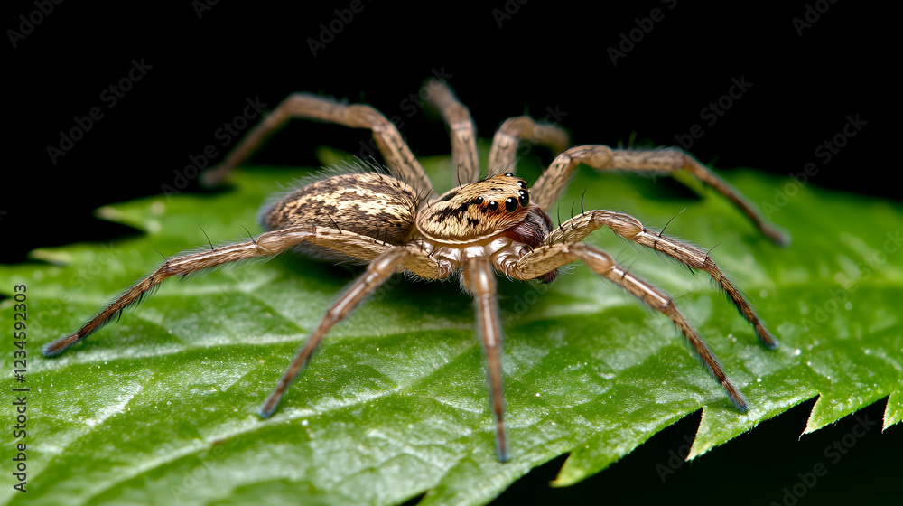 Close-up of a spider on a leaf, dark background, nature macro photography, for wildlife websites Close-up of a spider on a leaf, dark background, nature macro photography, for wildlife websites