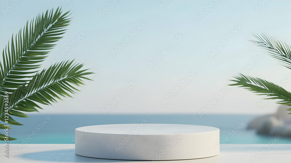 Coastal scene, white product display platform, palm leaves, ocean background; perfect for product showcasing Coastal scene, white product display platform, palm leaves, ocean background; perfect for product showcasing