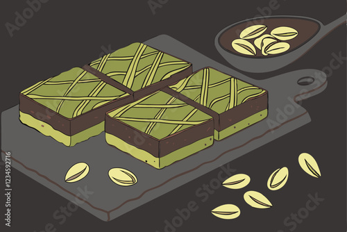 Chocolate pistachio dessert squares, dark moody background, close-up food photography, vibrant green pistachios, rustic slate serving board, scattered nuts, rich textures, gourmet confectionery, de