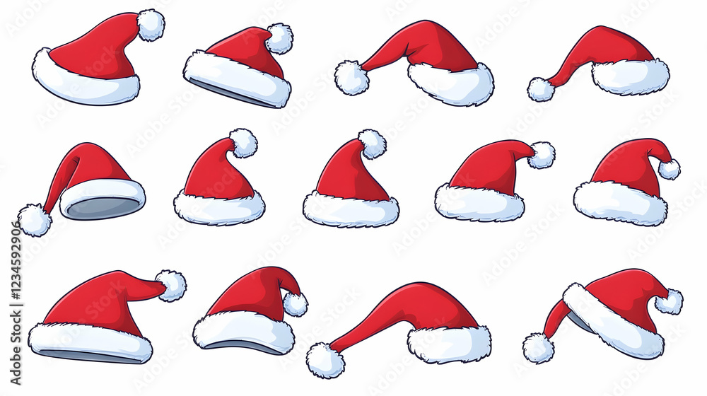 Collection of Santa hats in various angles, white background, Christmas design, ideal for festive graphics Collection of Santa hats in various angles, white background, Christmas design, ideal for festive graphics