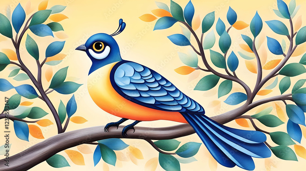 Fototapeta premium Colorful bird perched on branch, lush foliage background, nature illustration, ideal for decoration