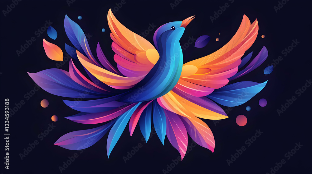 Obraz premium Colorful bird illustration, vibrant plumage, dark background, floral design, ideal for websites, social media