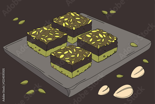 Chocolate pistachio dessert squares, dark moody background, close-up food photography, vibrant green pistachios, rustic slate serving board, scattered nuts, rich textures, gourmet confectionery, de