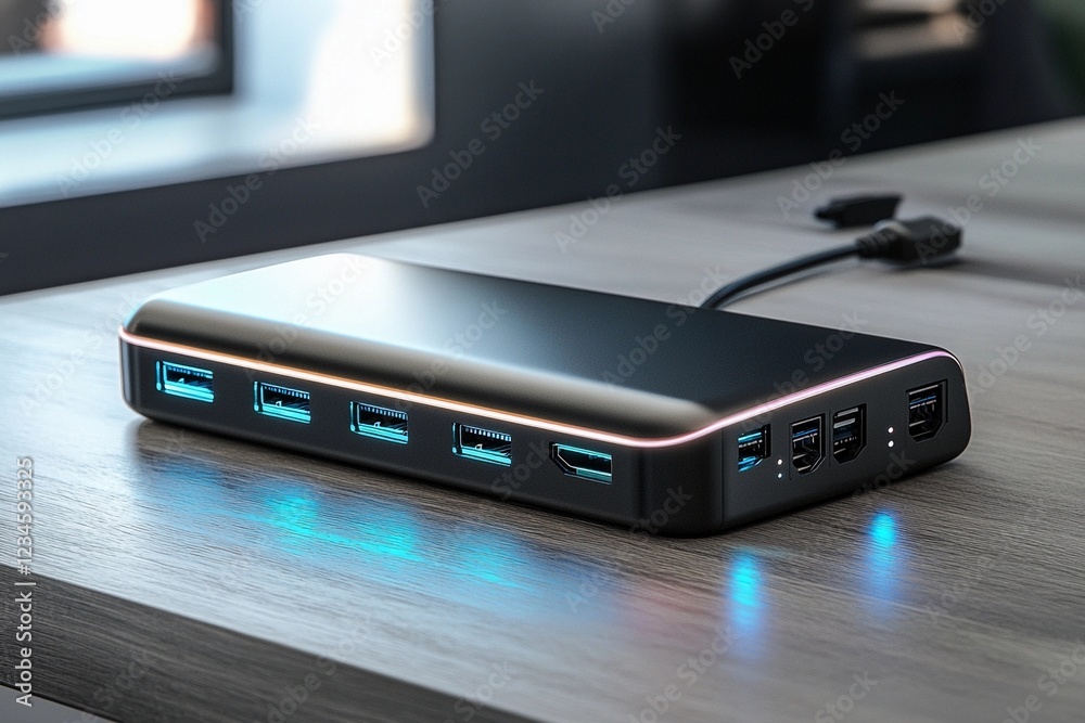 High-tech USB hub with multiple ports showcased on a modern desk. Generative AI High-tech USB hub with multiple ports showcased on a modern desk. Generative AI