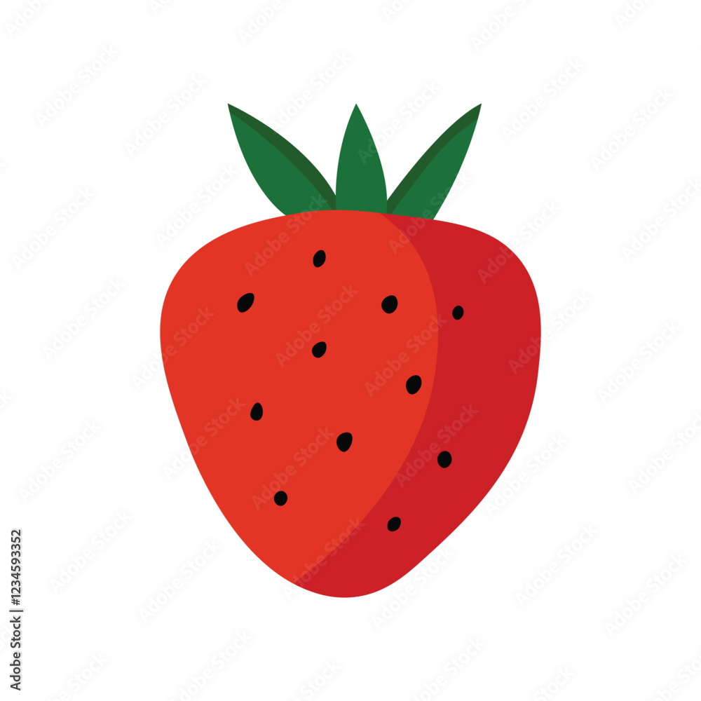 Minimalistic illustration of red strawberry with black seeds and green leaves. Minimalistic illustration of red strawberry with black seeds and green leaves.