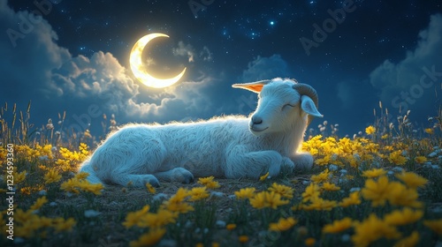 Peaceful white goat kid sleeps in yellow flowers under crescent moon at night.
