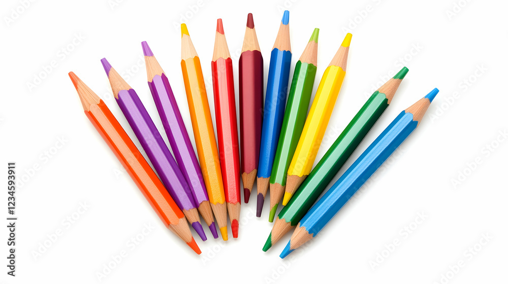 Colorful pencils arranged in a fan shape on white background, ideal for education or art projects Colorful pencils arranged in a fan shape on white background, ideal for education or art projects