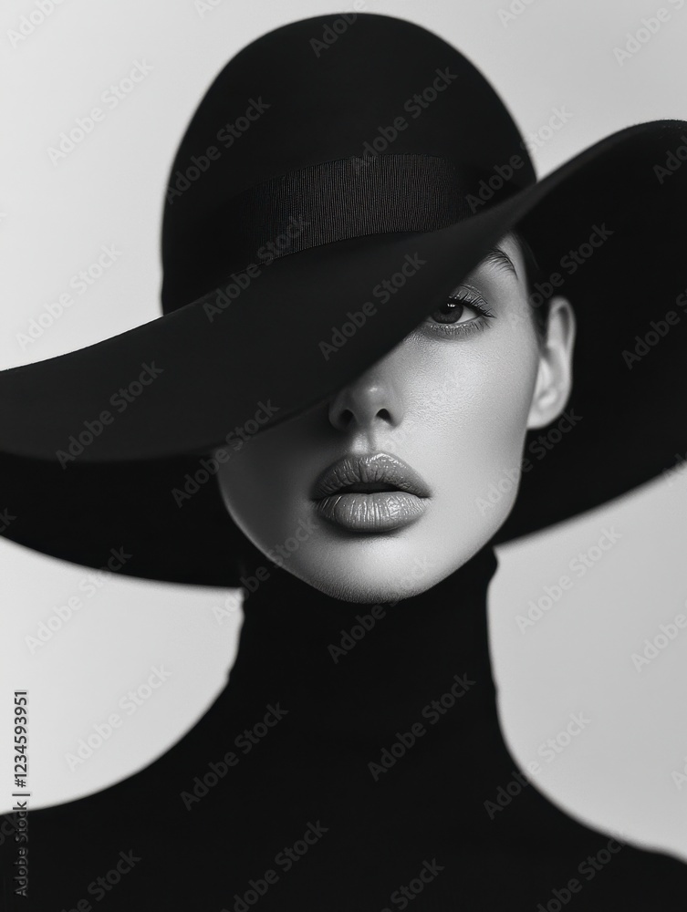 Elegant model displaying high fashion in a black hat and turtleneck outfit with a dramatic monochrome effect, showcasing sophistication and style in a minimalist setting Elegant model displaying high fashion in a black hat and turtleneck outfit with a dramatic monochrome effect, showcasing sophistication and style in a minimalist setting