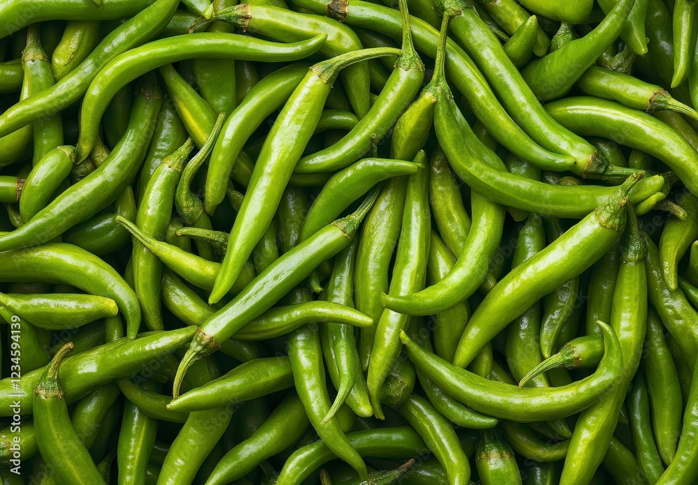Fresh Green Chili Peppers Spread on Wooden Surface Background Fresh Green Chili Peppers Spread on Wooden Surface Background