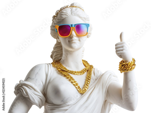 White ancient marble female statue wear colorful sunglasses, gold chain on nack