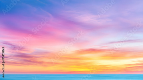 Colorful sunset over calm ocean; peaceful sky; background for design, travel, or meditation