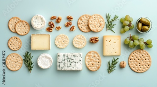 Assorted cheeses, crackers, grapes, rosemary, and walnuts, artistically arranged on a light blue backdrop.