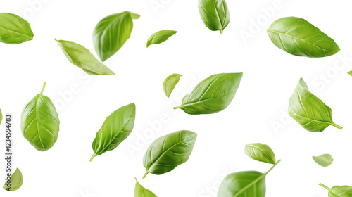 Flying or falling fresh basil leaves on transparent PNG or white background. seasoning herb leaves, cooking spices.