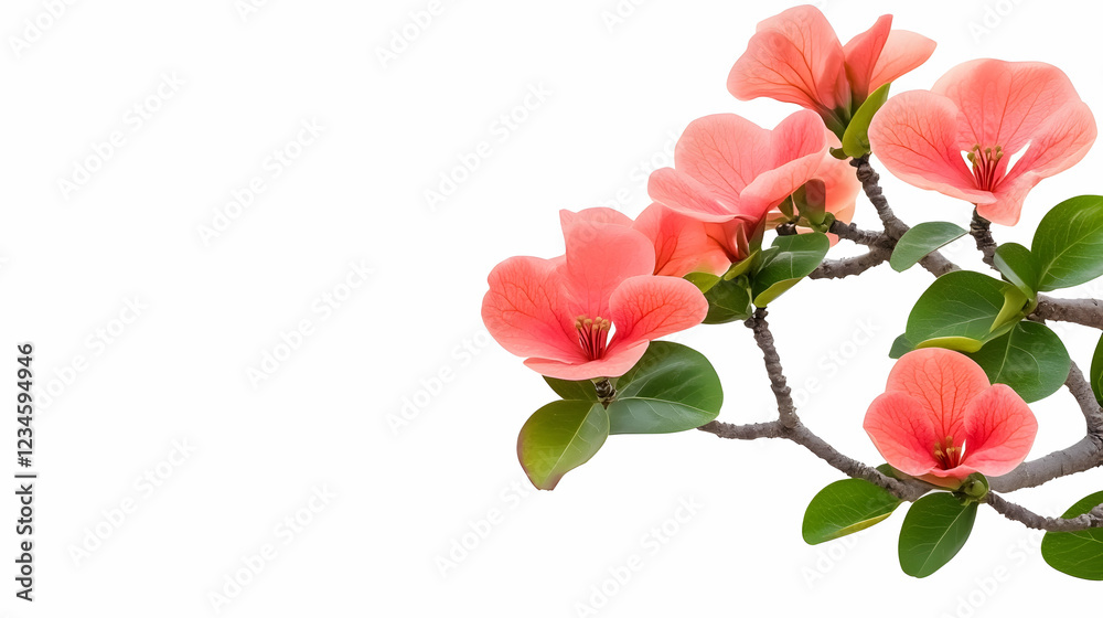 Fototapeta premium Coral flowers branch, spring bloom, white background, nature design