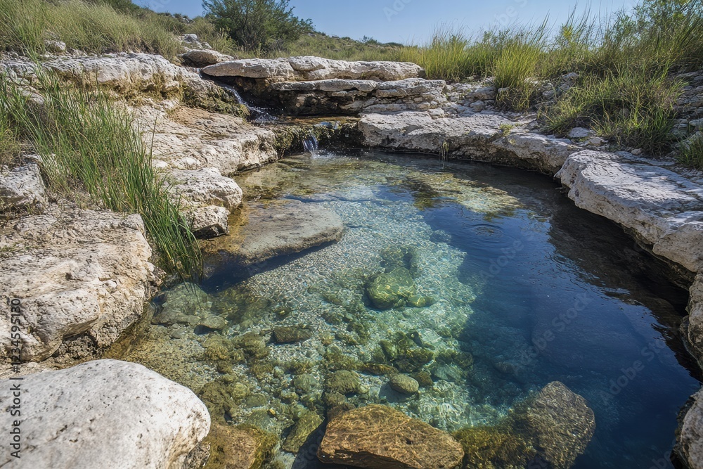 Crystal clear spring water flows among rocks and lush greenery in a tranquil natural setting Crystal clear spring water flows among rocks and lush greenery in a tranquil natural setting