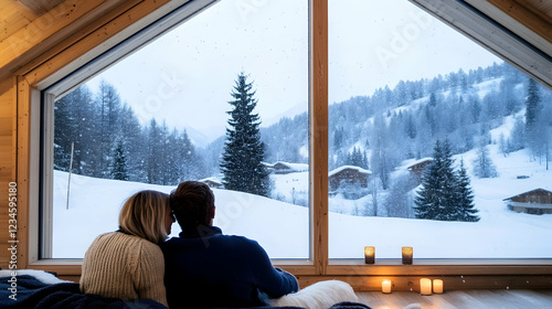 Couple admiring snowy mountain view from cozy cabin