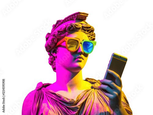Pop art collage, photo of a greek classicist sculpture of a woman wearing colored glasses and holding a modern mobile phone