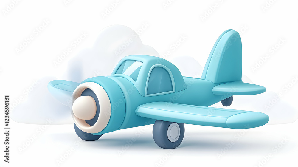 Fototapeta premium Cute blue airplane flying among clouds; children's book illustration