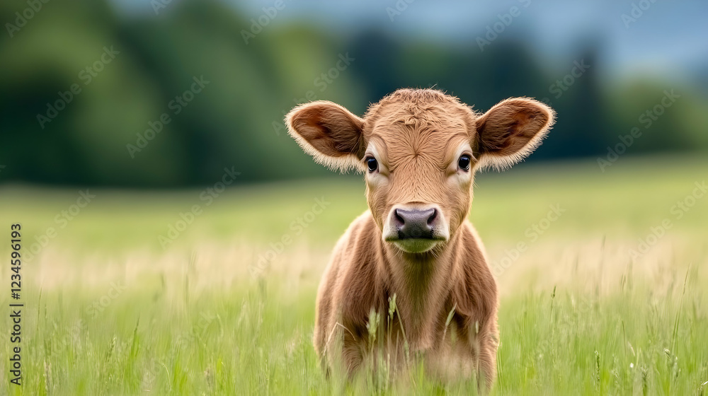 Cute calf in grassy field, green background, idyllic rural scene, perfect for agriculture or livestock websites Cute calf in grassy field, green background, idyllic rural scene, perfect for agriculture or livestock websites