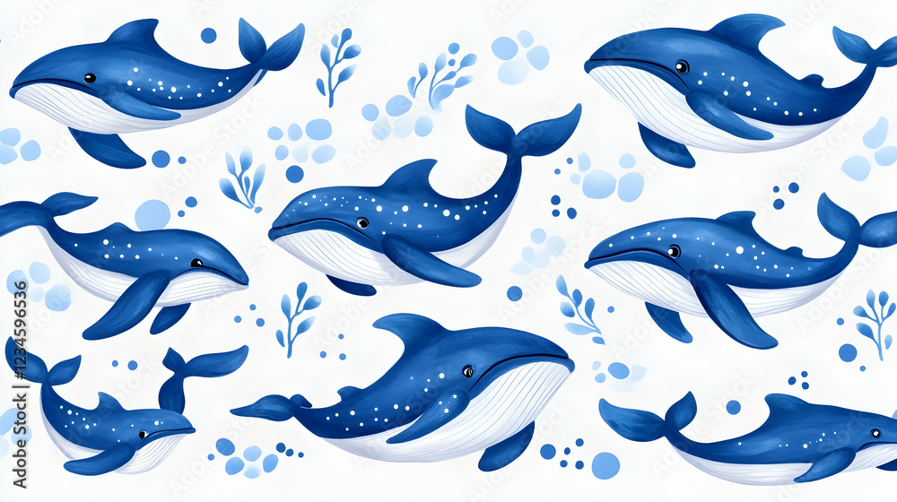 Fototapeta premium Cute whale illustration, ocean background, kids' fabric design