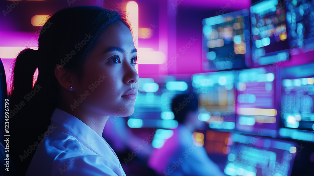 Professional Female Engineer Monitoring Control Station Technology