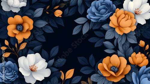 Dark floral background with orange and blue flowers, perfect for website banners or greeting cards