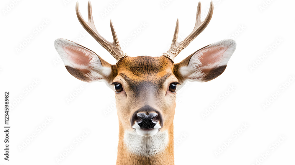 Obraz premium Deer portrait, looking at camera, white background, nature wildlife image, ideal for greeting cards